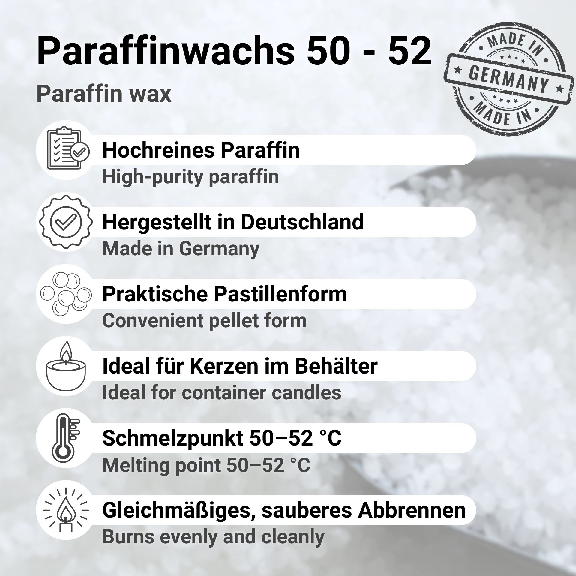 Paraffin Wax Pastilles 50–52 °C, Fully Refined, Made in Germany