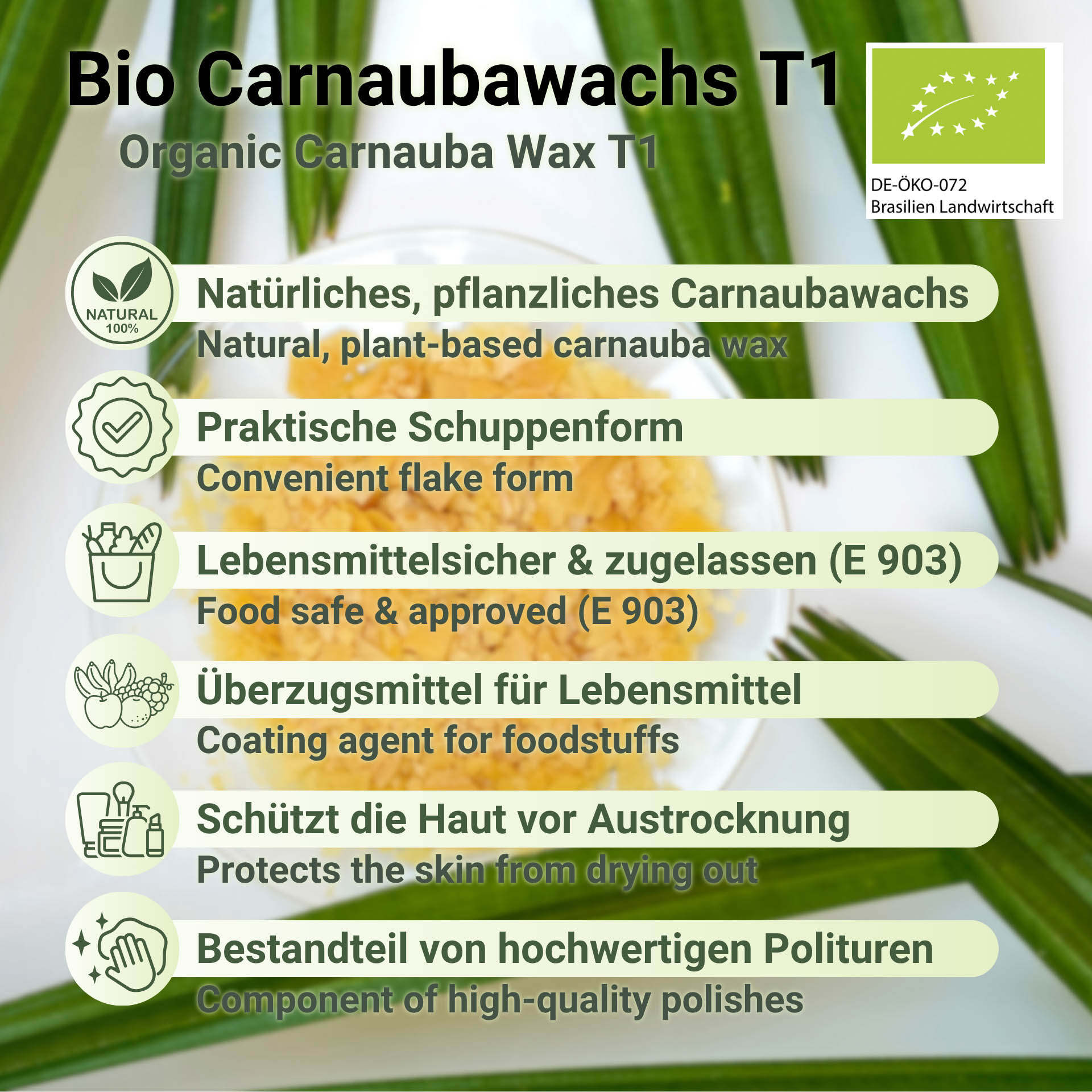 Organic Carnauba Wax T1 Prime Yellow Flakes – Food Grade (E 903)