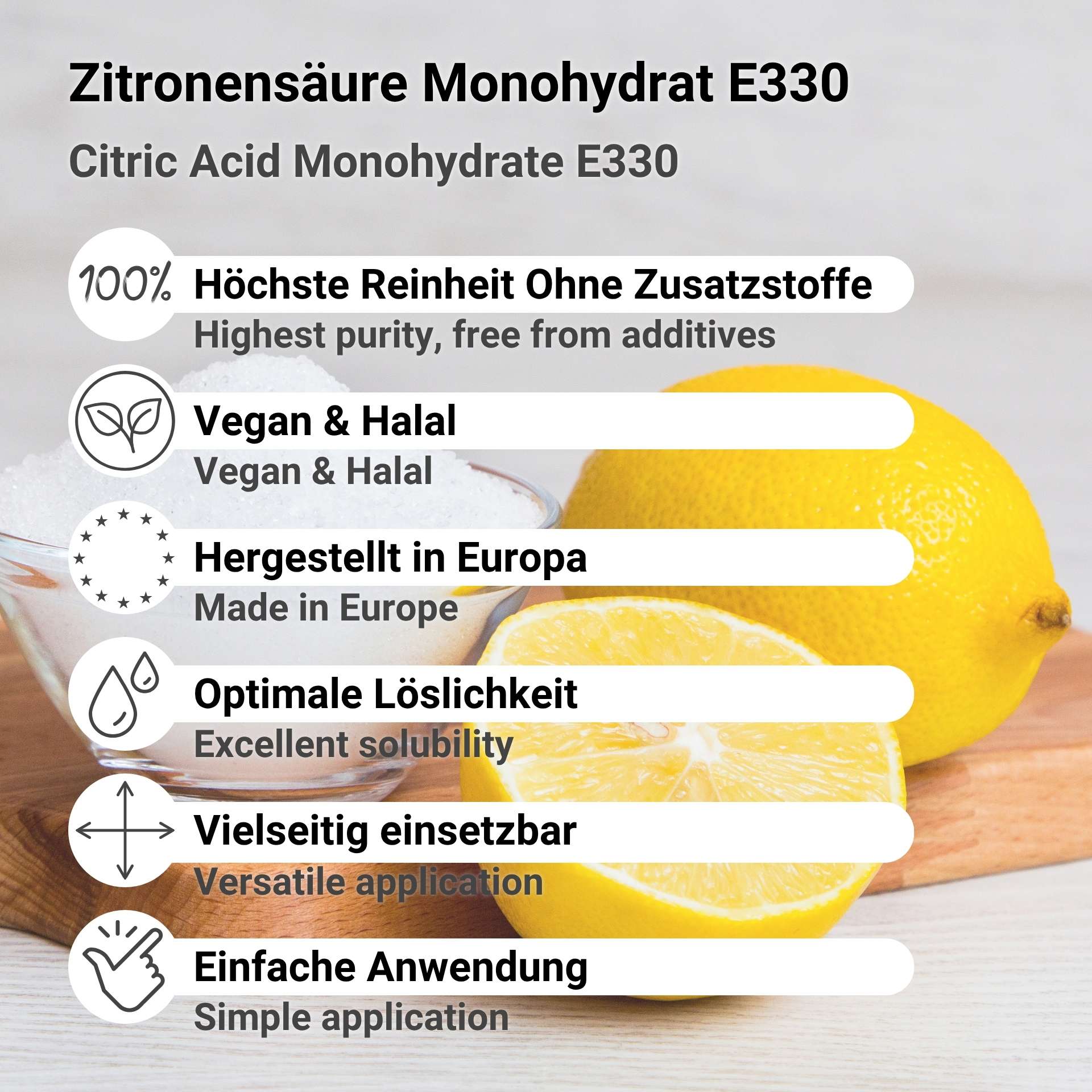 Citric Acid Monohydrate E330, 20 - 100 Mesh – European