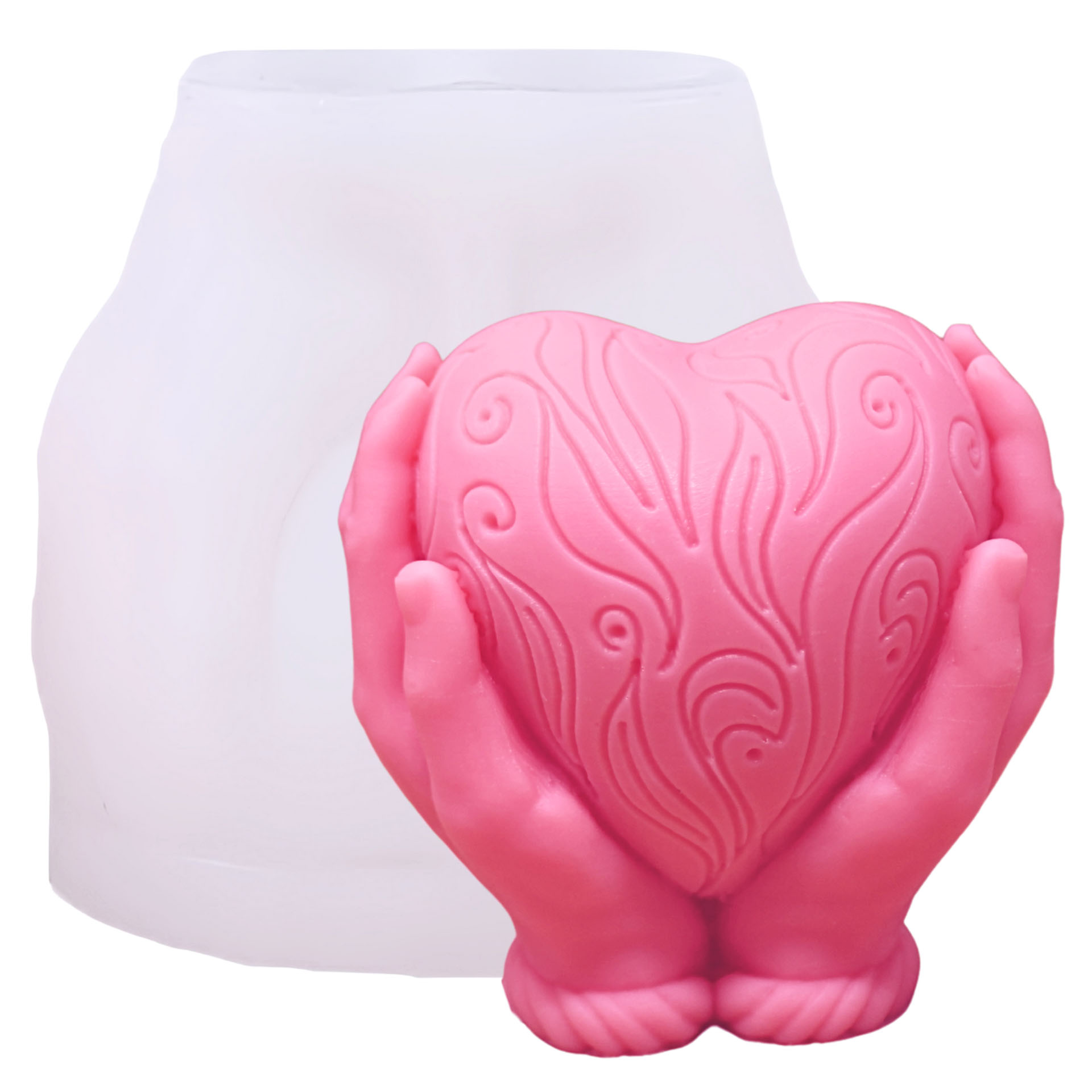 Candle Mould Heart in Hands with candle in front