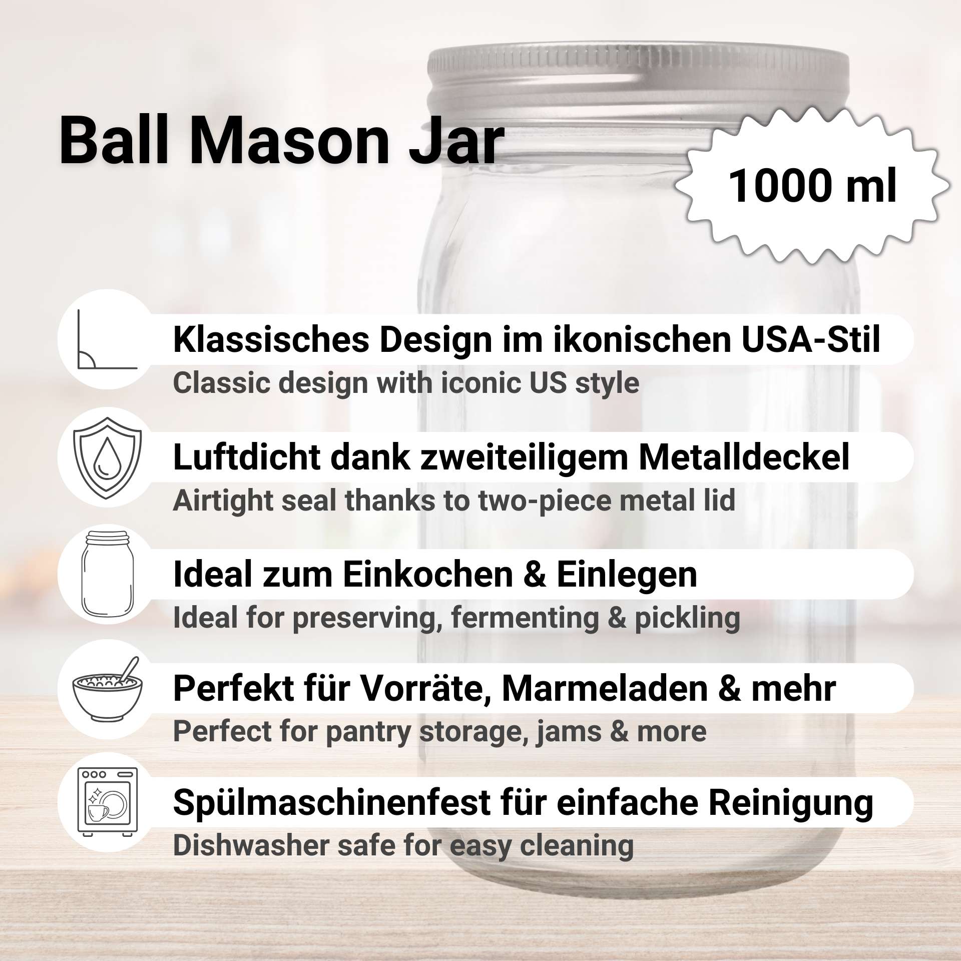 Mason Jar - Einmachglas mit 2-teiligem Deckel 1000 ml