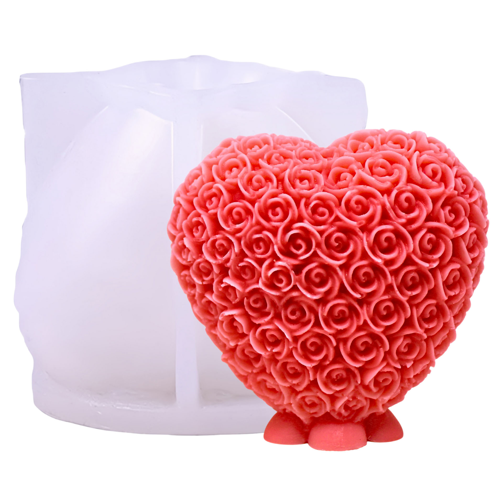 Rose heart candle mould with sample candle