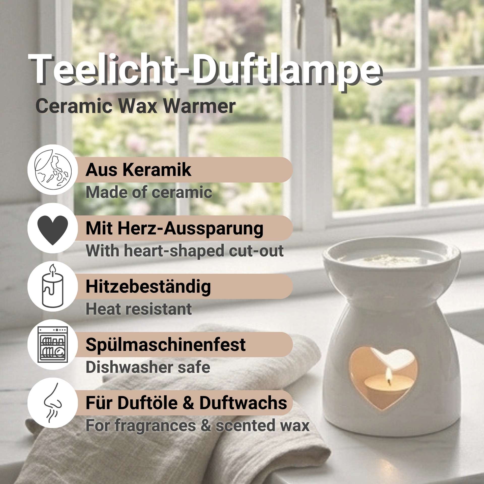 Ceramic Tealight Wax Melt Burner with Heart Cut-Out