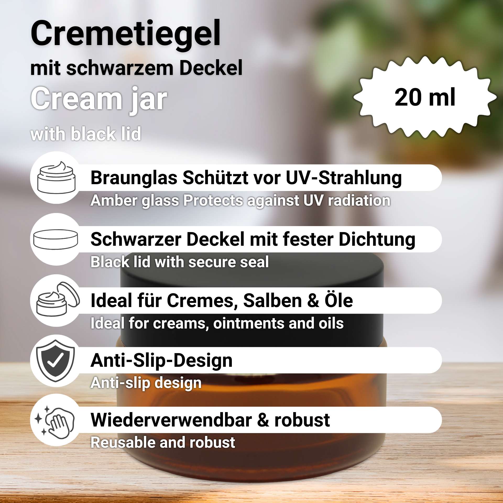Cremetiegel mit schwarzem Deckel 20 ml