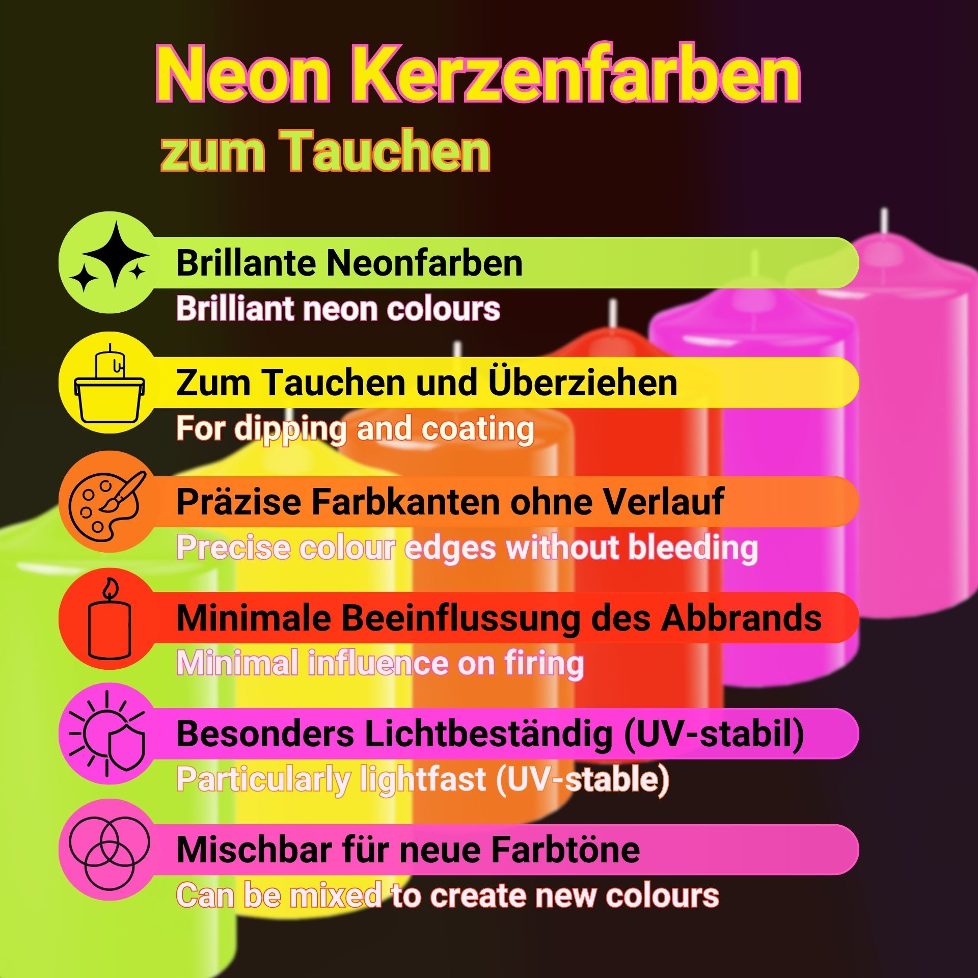 Neon candle colours for dipping