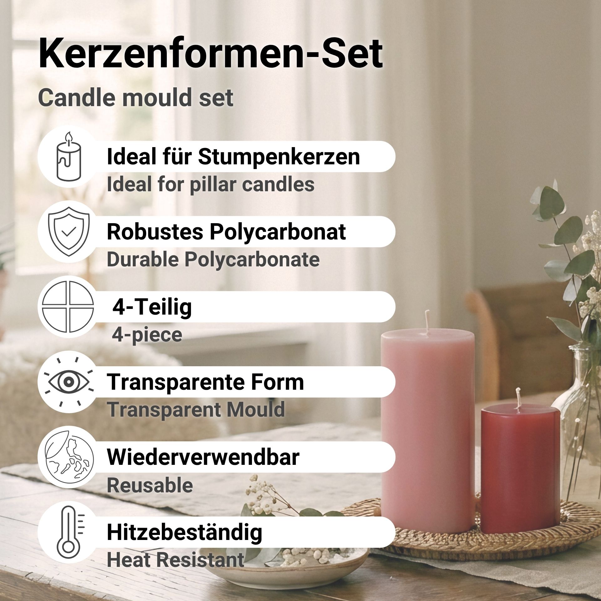 4‑piece Candle Mould Set – Pillar Candle, Column, Cone & Sphere