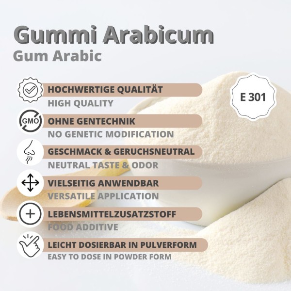 Gummi Arabicum Gummar HT Ballaststoff Gum Arabic Spühgetrocknetes Pulver VERSCHIEDENE GRÖßEN